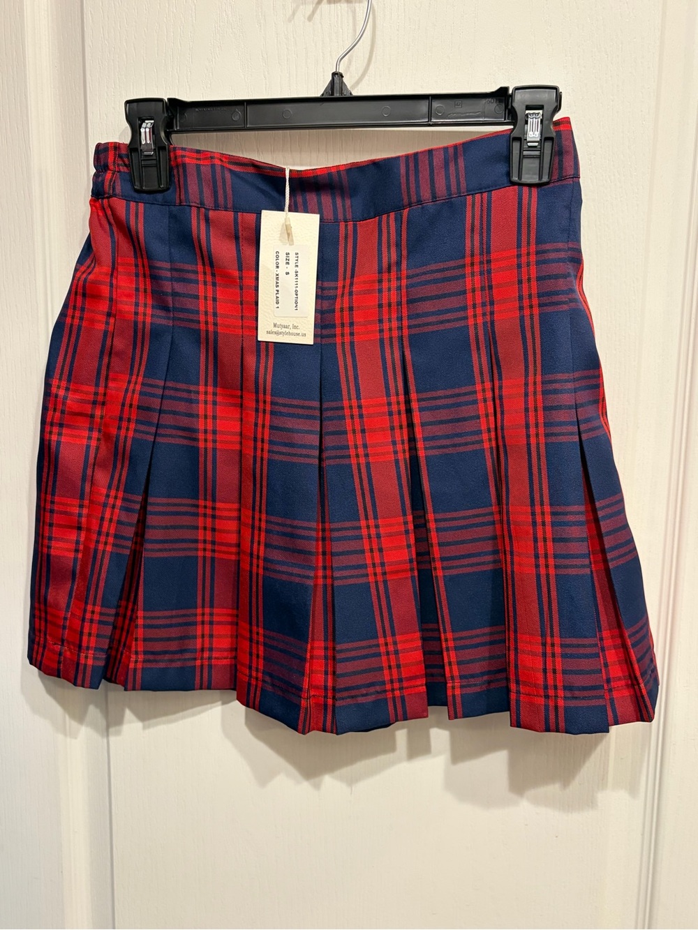 Red and Navy Plaid Pleated Mini Skirt